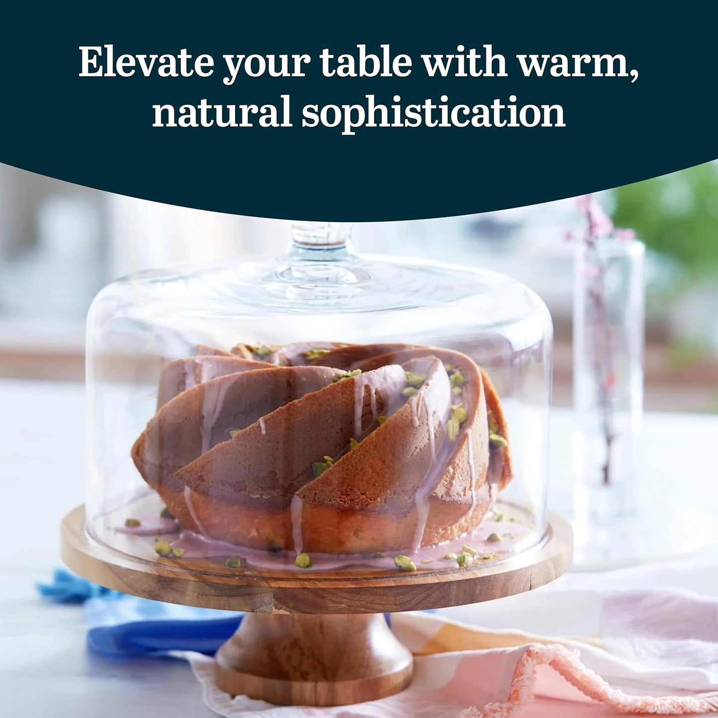 Libbey Acacia Wood Cake Stand - Elegant Footed Design with Glass Dome Lid | Perfect for Desserts