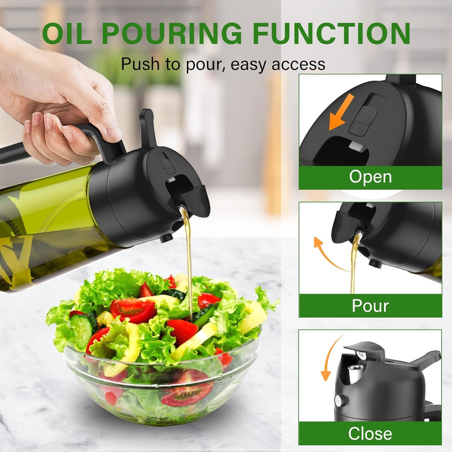 Vakoo 2 in 1 Oil Sprayer - 16oz Dark Glass Olive Oil Dispenser for Cooking & BBQ (Black/White)
