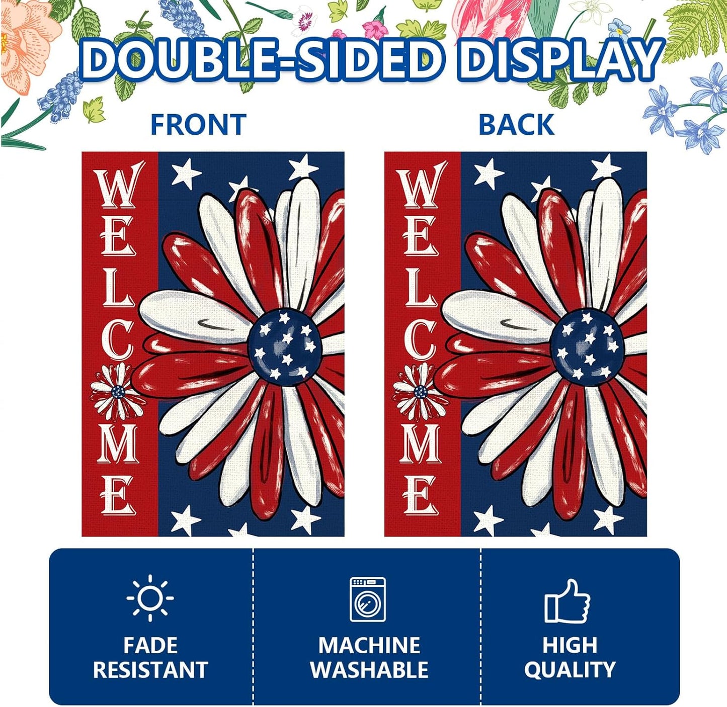 Patriotic 4th of July Garden Flag by [Brand Name] - Double-Sided 12x18 Inch Floral Design for Outdoor Decor