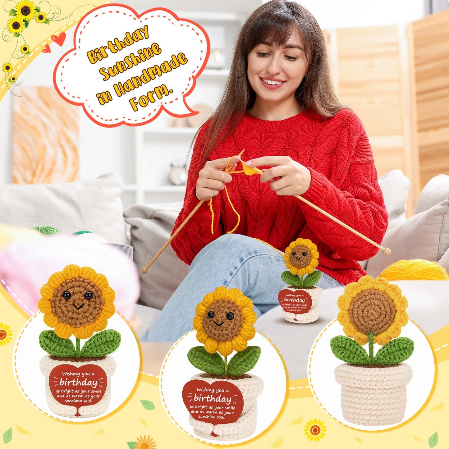 Ovrrcame Crochet Sunflower Plush – Inspirational Funny Happy Birthday Gifts for Women Man, Mom, Sister, Best Friend, Coworker – Unique Gift Ideas for Her, Him, Birthday Decorations/Mothers Day