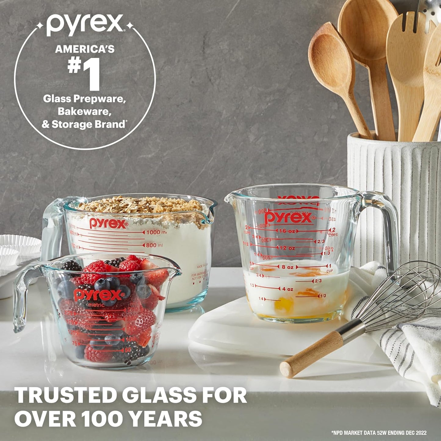Pyrex Essentials Glass Measuring Cups Set - 3-Pack (1, 2 & 4 Cup) | Oven, Dishwasher, Freezer & Microwave Safe