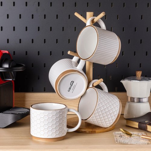 GBHOME 12OZ Stackable Coffee Mugs, Ceramic Coffee Mugs with Texture Patterns for Man,Woman,Dad,Mom, Modern Coffee Mugs Set of 4 for Latte/Cappuccino/Cocoa. Dishwasher&Microwave Safe, Off White