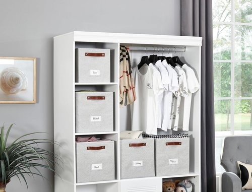 DECOMOMO Storage Baskets - 13x15x13 Cube Bins with Labels for Organized Shelves | 4-Pack, Light Grey