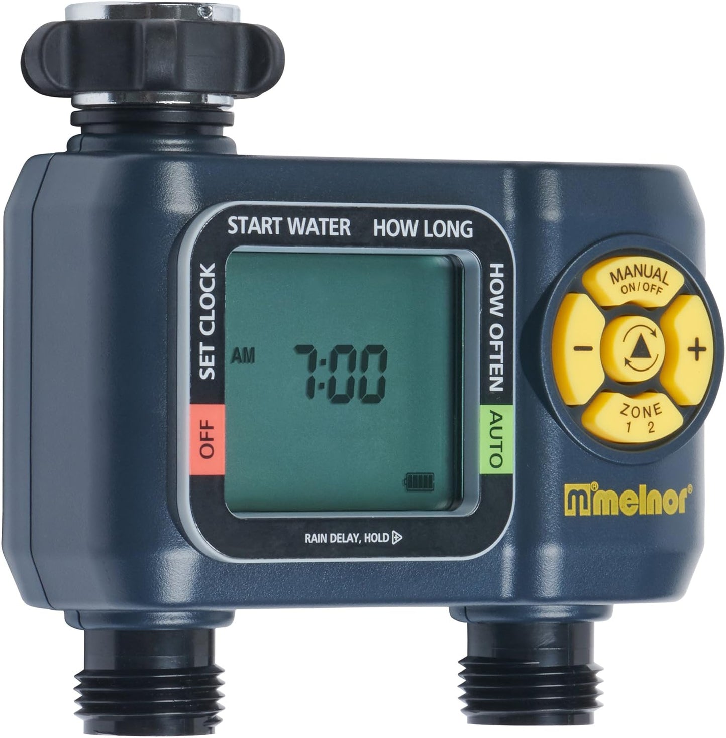 Melnor AquaTimer Digital Hose Timer - 2-Zone Programmable Watering System | Quick Connect Bundle, Black & Yellow