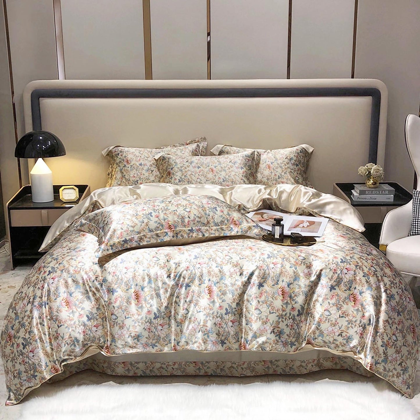 TodaFre Beige Satin Duvet Cover Queen Size, Cooling Breathable Bedding Set for Hot Sleepers - 1 Floral Patterned Duvet Cover 90x90 Inches with Zipper Closure, 2 Pillowcases