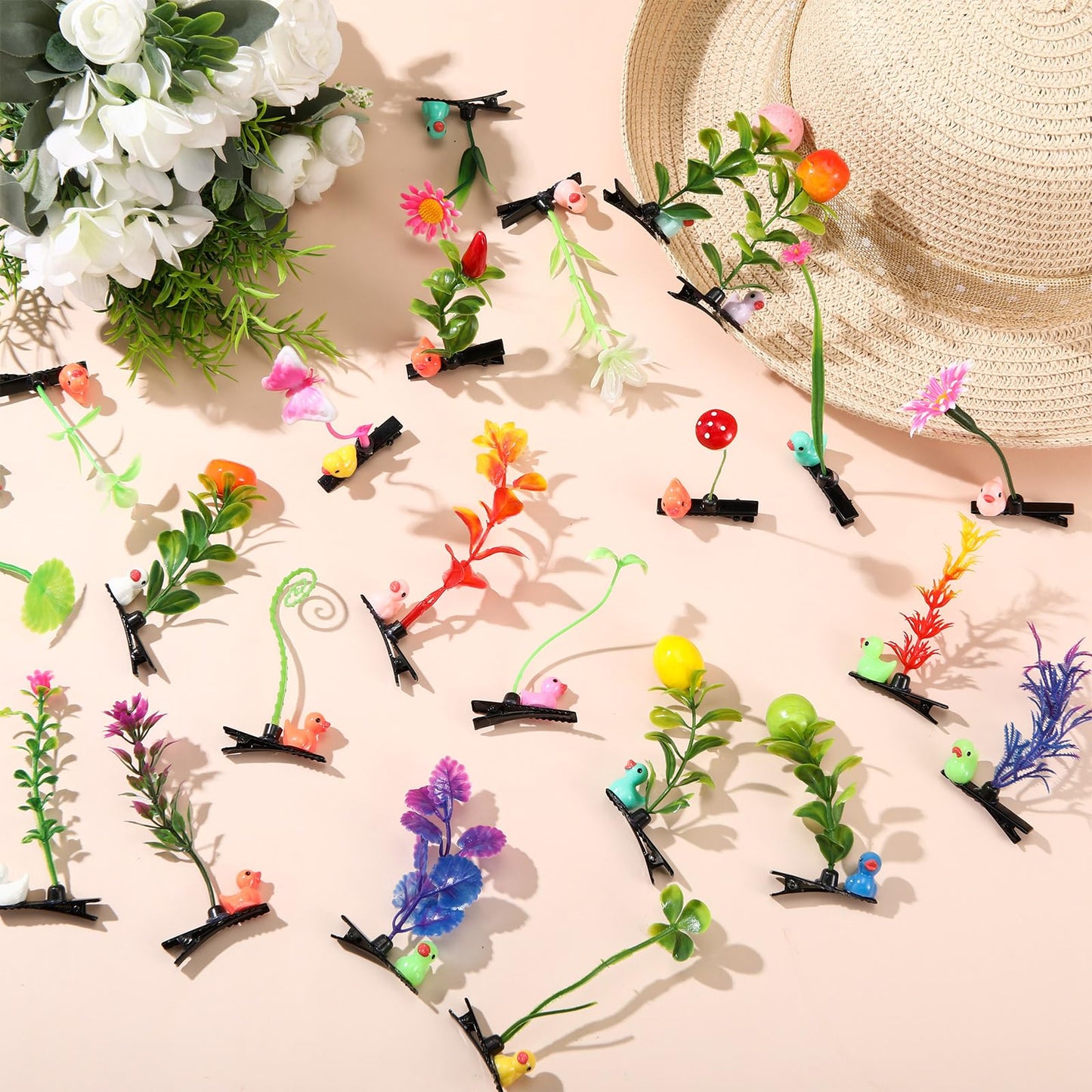 Tigeen 30 Pcs Rave Trinkets Festival Sprout Hair Clip Duck Bean Sprout Clips Spring Plant Flower Hairpins Funny Mixed Style Hair Accessories Valentines Easter Party Gift