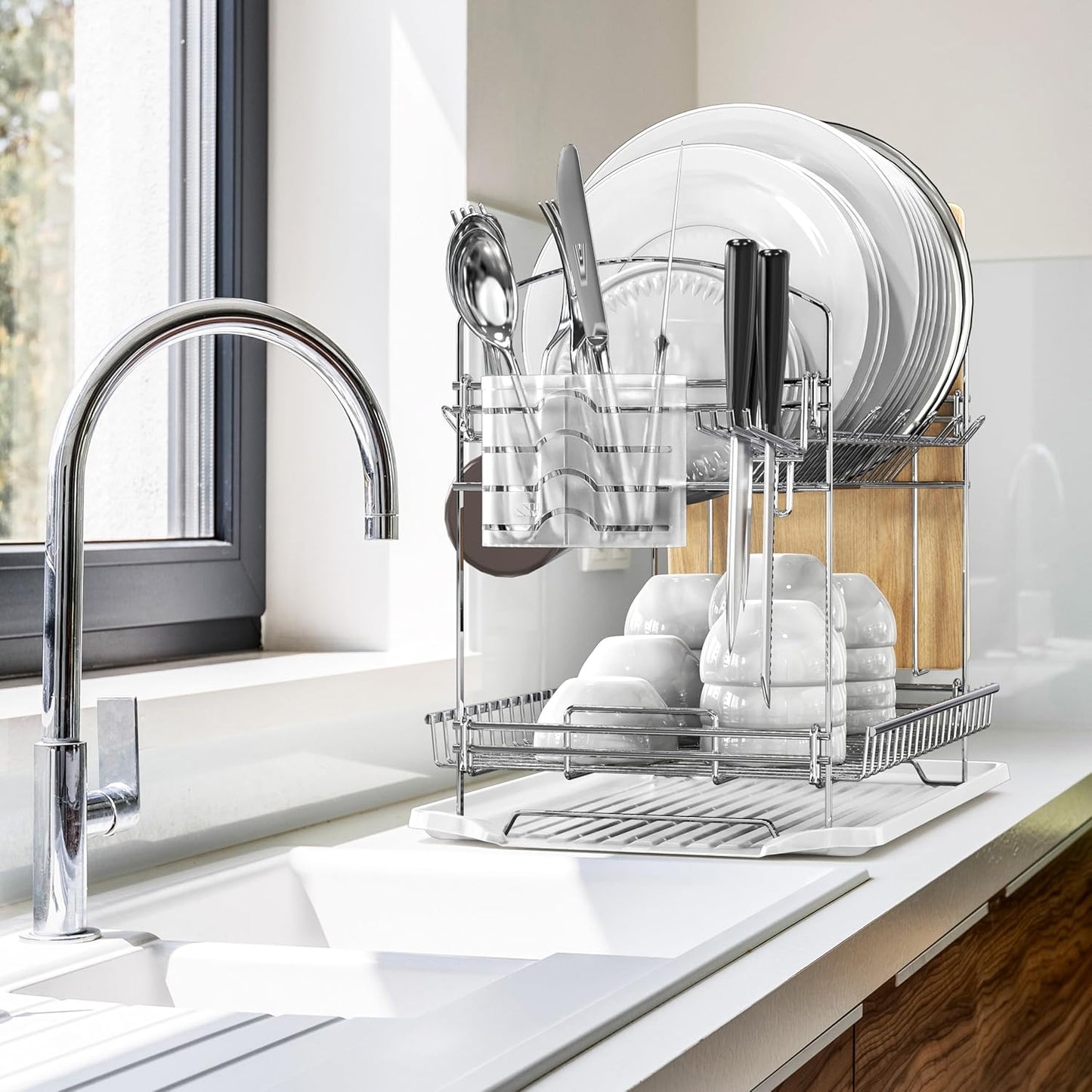 Simple Houseware 2-Tier Stainless Steel Dish Rack - Chrome Finish with Drainboard for Kitchen Organization