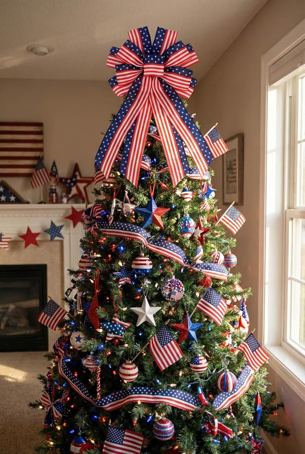 Patriotic Classic | 20.87" Large Red, White & Blue Wired Edge Bow - Pre-Made Flag Wreath Decor for Memorial Day & Independence Day