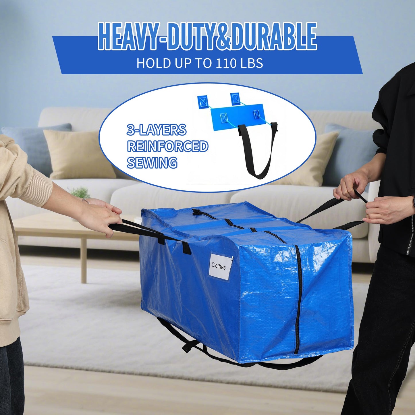 BAGAIL Heavy Duty Moving Bags with Strong Handle, Extra Large Moving Boxes, Storage Tote for Clothes, College Moving Supplies(Blue, Backpack, 6 Pack)