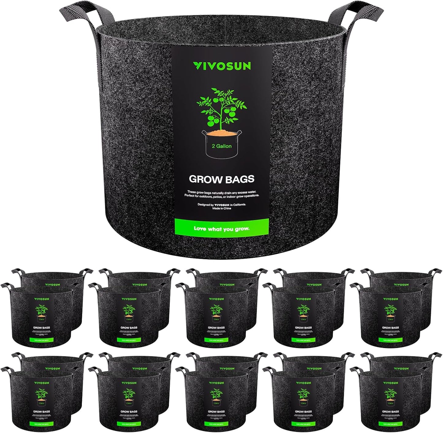 VIVOSUN 20-Pack Grow Bags - Heavy-Duty Nonwoven Fabric Pots with Handles for Flowers, Fruits & Vegetables - Black, 2 Gallon