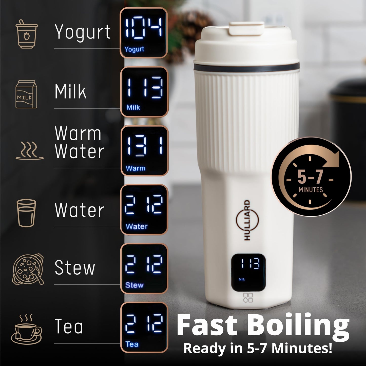 HULLIARD Travel Electric Kettle - 316 Stainless Steel, Portable Tea Kettle & Water Heater, 450ml Portable Water Boiler, 6 Temperature Settings, Auto Shut-Off, Universal Voltage (100-240V)