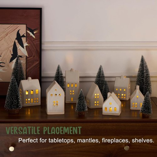Christmas Village Set by [Brand Name] - 23 Pcs with 7 White Ceramic Houses & Remote LED Tea Lights | Farmhouse Decor for Tabletop & Mantel