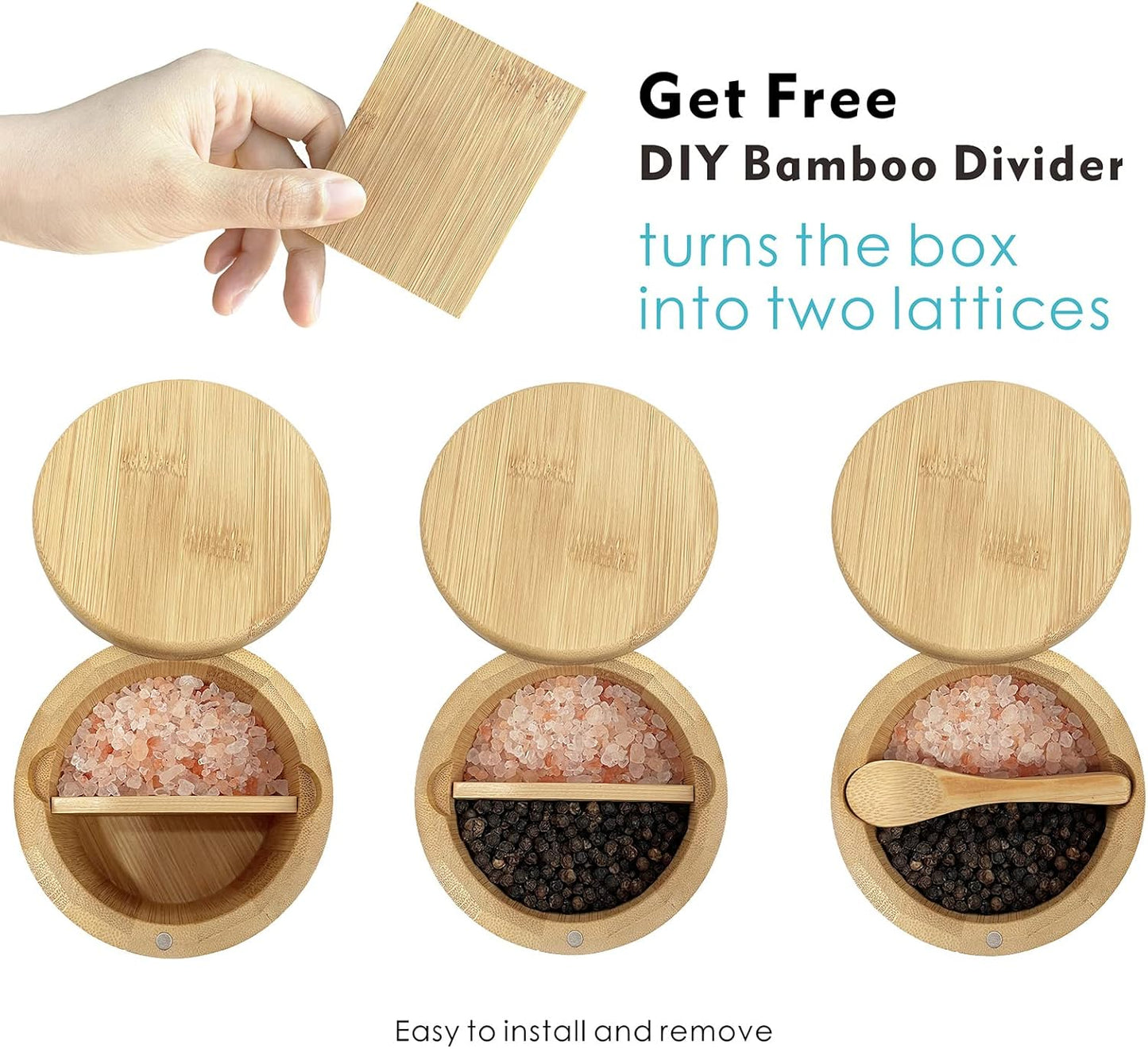 ThougrLyh Bamboo Salt Box - Magnetic Swivel Lid Salt Cellar with Spoon for Spices & Herbs