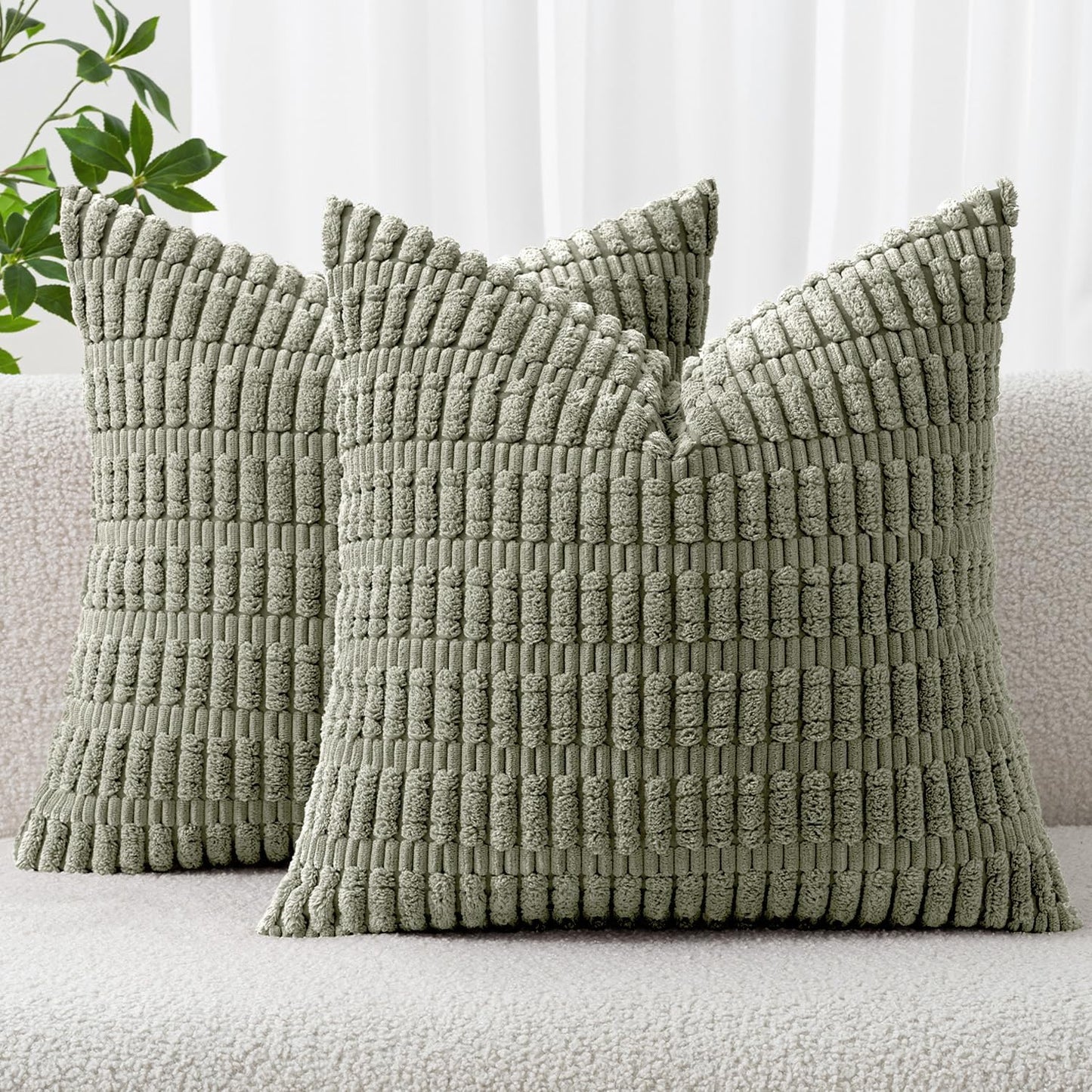 MIULEE Corduroy Throw Pillow Covers - Soft Boho Striped Design | 16x16 Inch Light Olive Green - Perfect for Modern Farmhouse Decor