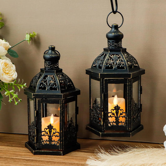 TRIROCKS Vintage Decorative Lanterns - Set of 2 Hanging Metal Candleholders | 9.5" H with Tempered Glass for Indoor & Outdoor Decor