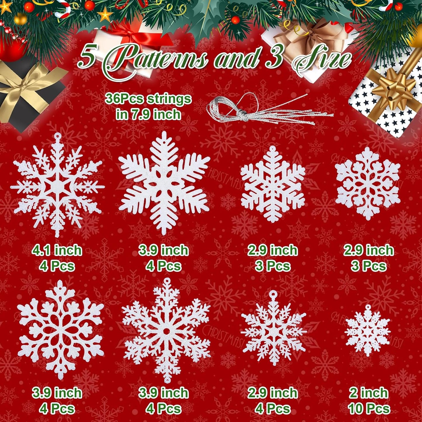 NEWMIAO Snowflake Ornaments - 36pcs Glitter Plastic Christmas Tree Decorations | 5 Unique Patterns