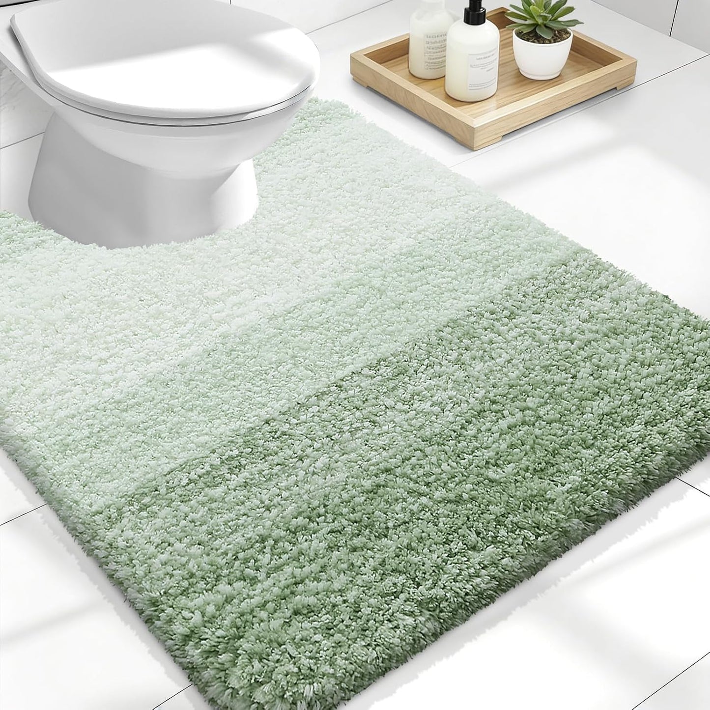 OLANLY Luxury U-Shaped Toilet Rugs - Extra Soft & Absorbent Microfiber Bath Mat, 24x20, Sage Green
