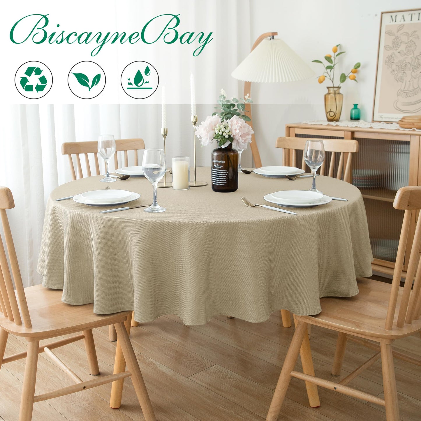 Biscaynebay 2 Pack Textured Fabric Round Tablecloths 60'' for Tables diameters from 28" to 48", Natural Table Cloth Water Resistant Small Folding Table Covers for Dining Kitchen Wedding Parties