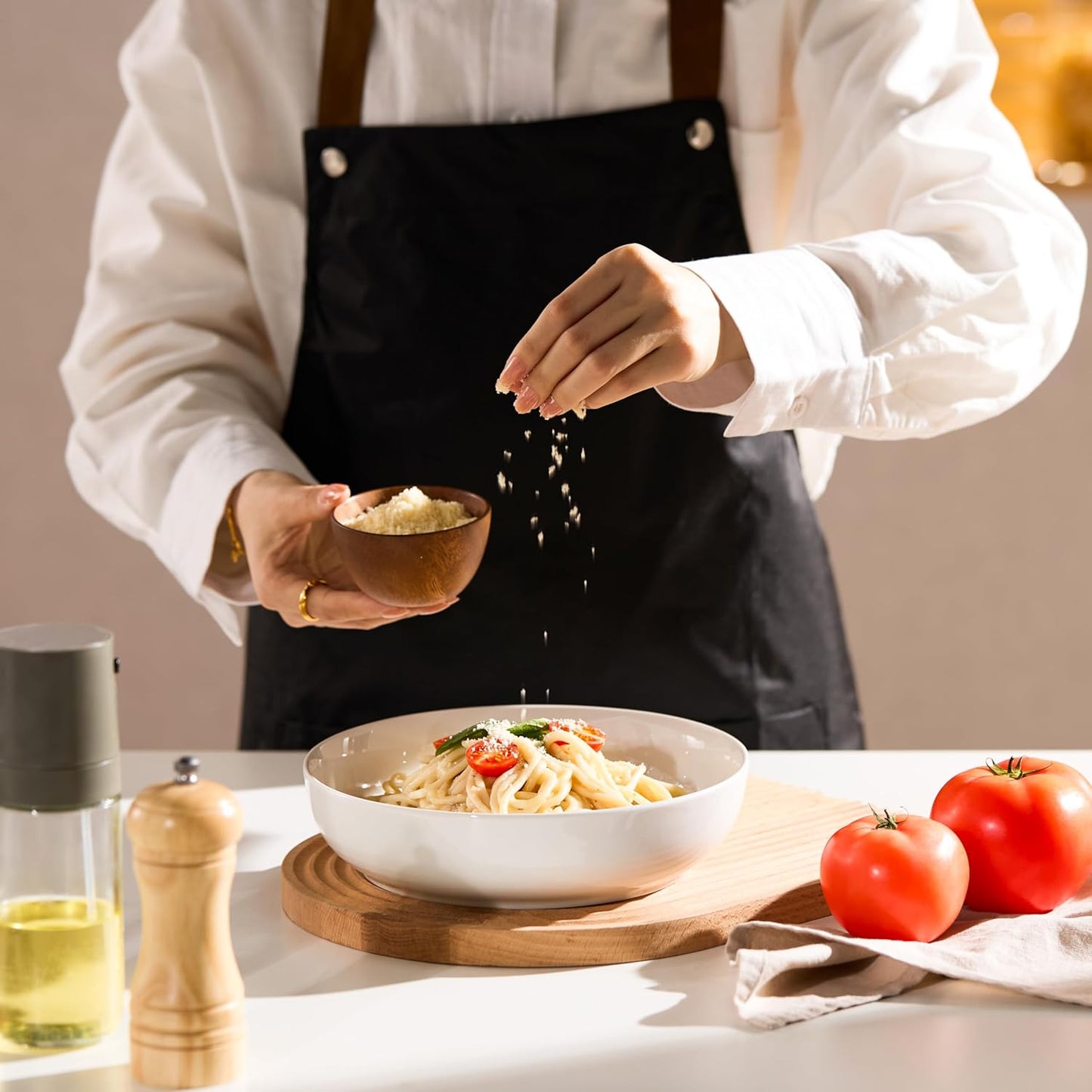 KooK Ceramic Pasta Bowls - Large Capacity Serving Bowls | Microwave & Dishwasher Safe, Set of 4 (White)