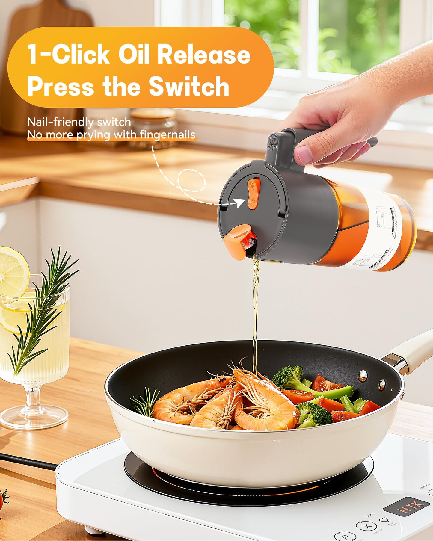 OURCABECUE Upgrade 2 in 1 Oil Sprayer for Cooking, 17oz Light-Blocking Glass Olive Oil Dispenser Bottle for Kitchen,Food-Grade Oil Mister with 8 Stickers for Salad, Frying (Grey)