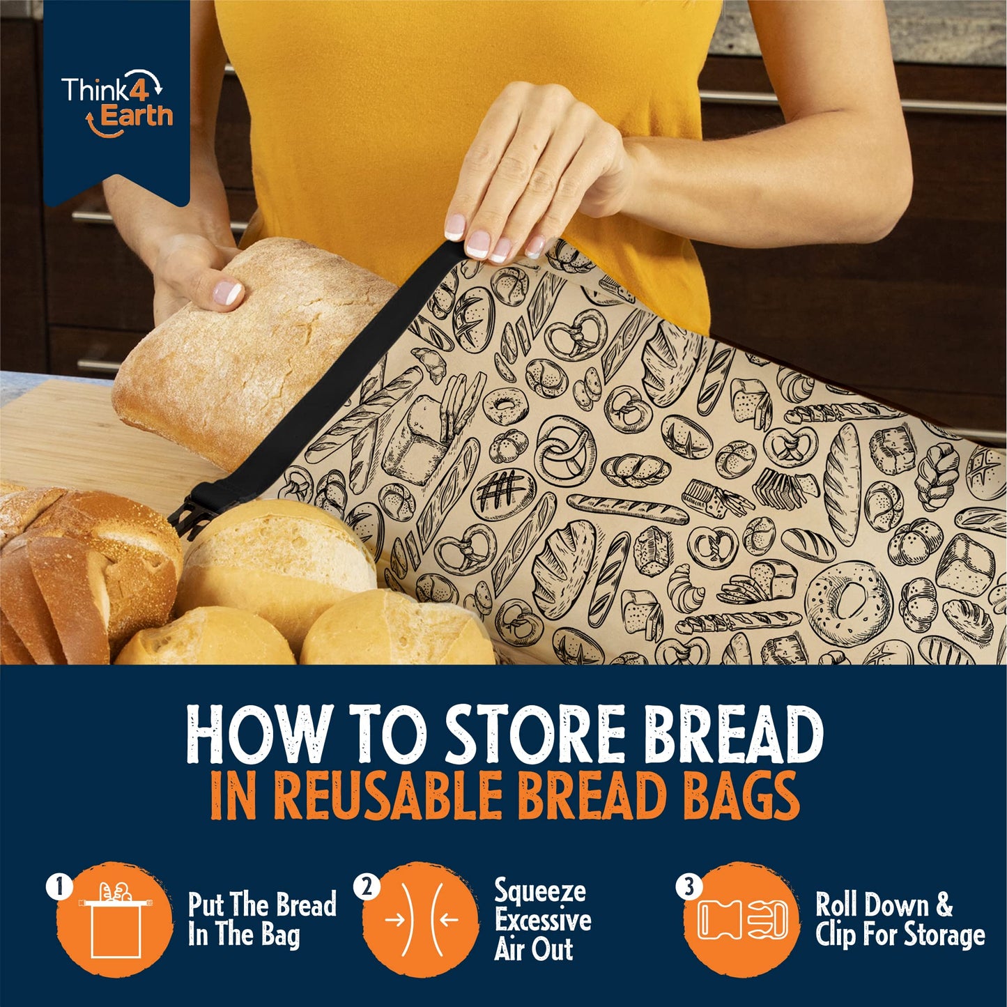 THINK4EARTH® Premium Brown Reusable Bread Bags for Homemade Bread – Durable & Washable (2 Pack)