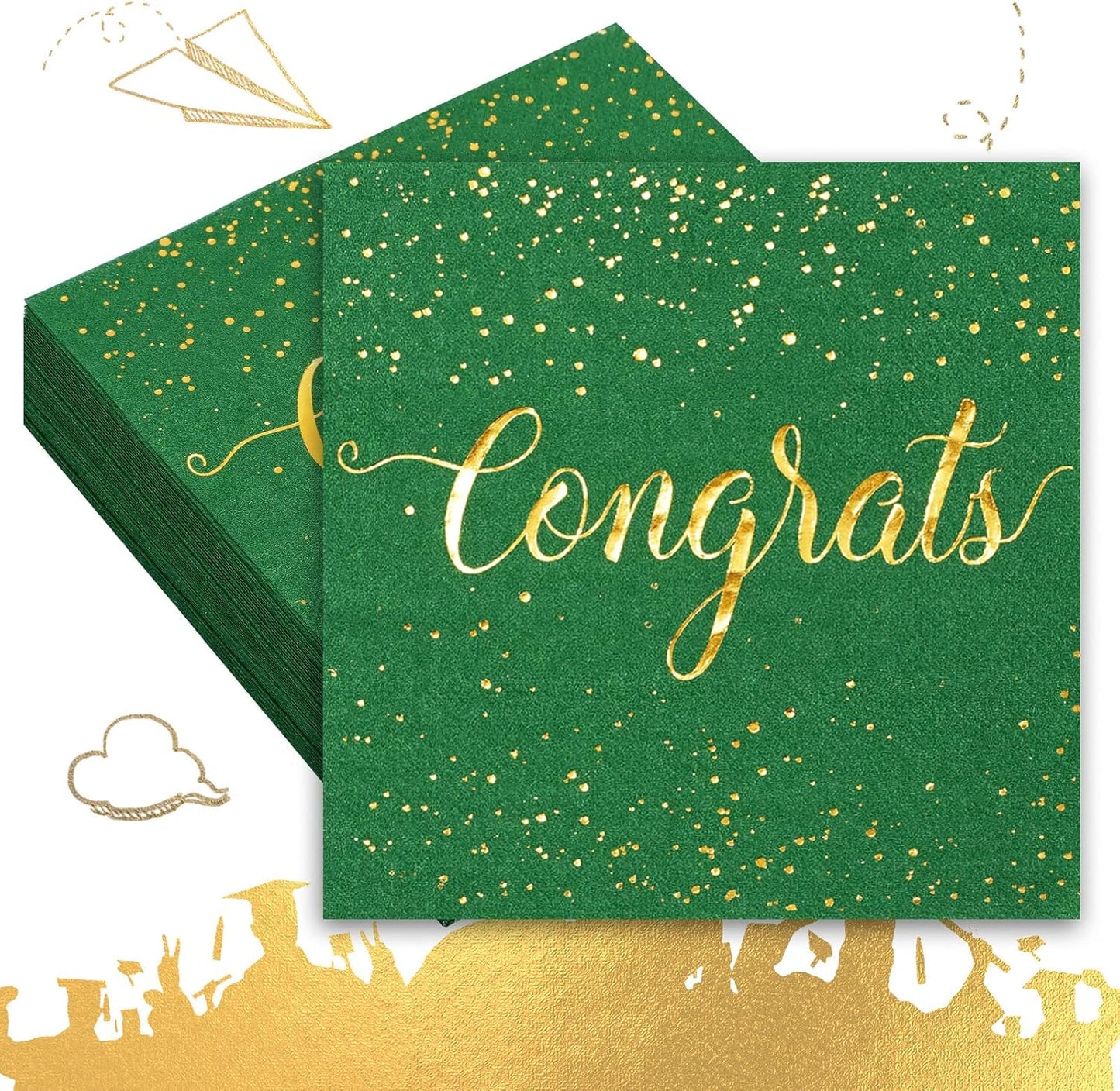 Whaline Graduation Cocktail Napkins - 80 Pack Green & Gold Foil Congrats Design | Disposable Beverage & Dessert Napkins for Grad Party Decor