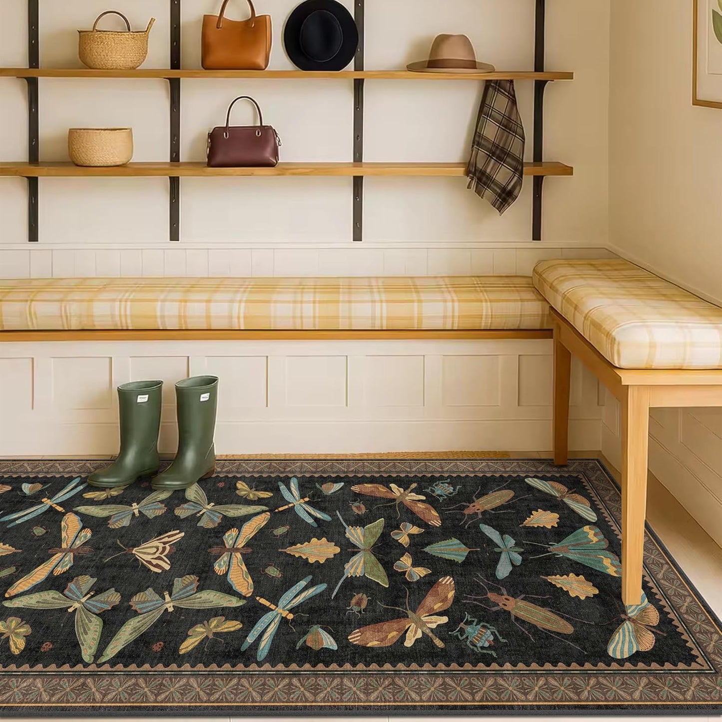 Skiennix Black Insect Washable Non-Slip Runner Rug - 2'6"x8' Stain-Resistant for Kitchen & Hallways | Dark Floral Boho Decor
