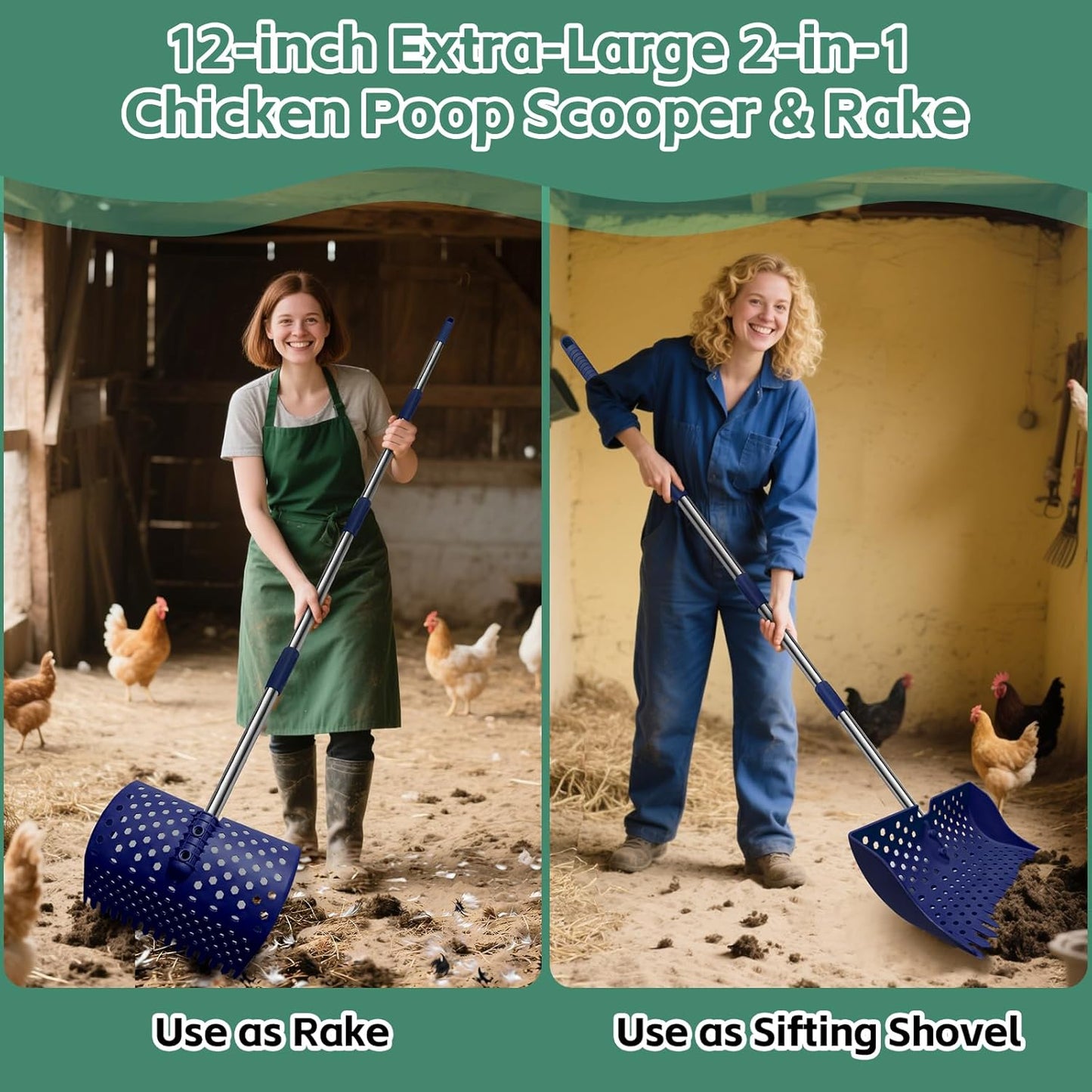 US Patent Pending 12-Inch Chicken Poop Scooper & Rake - Stainless Steel Handle | 3-Shape Sifting Holes (Blue)