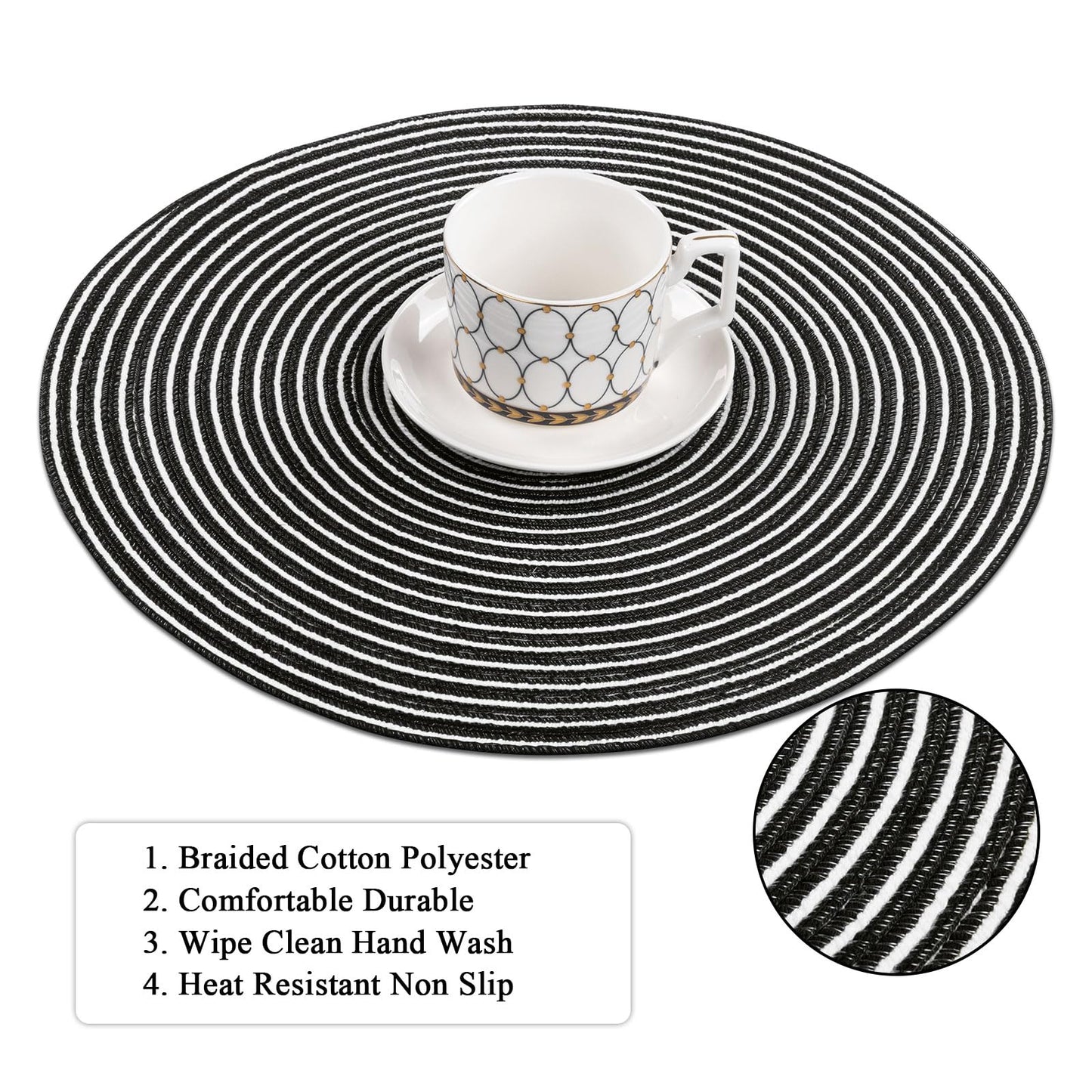 SHACOS 15 inch Round Braided Placemats Set of 6 Non Slip Washable Fabric Kitchen Table Place Mats Heat Resistant Table Mats for Home Wedding Party, Black White