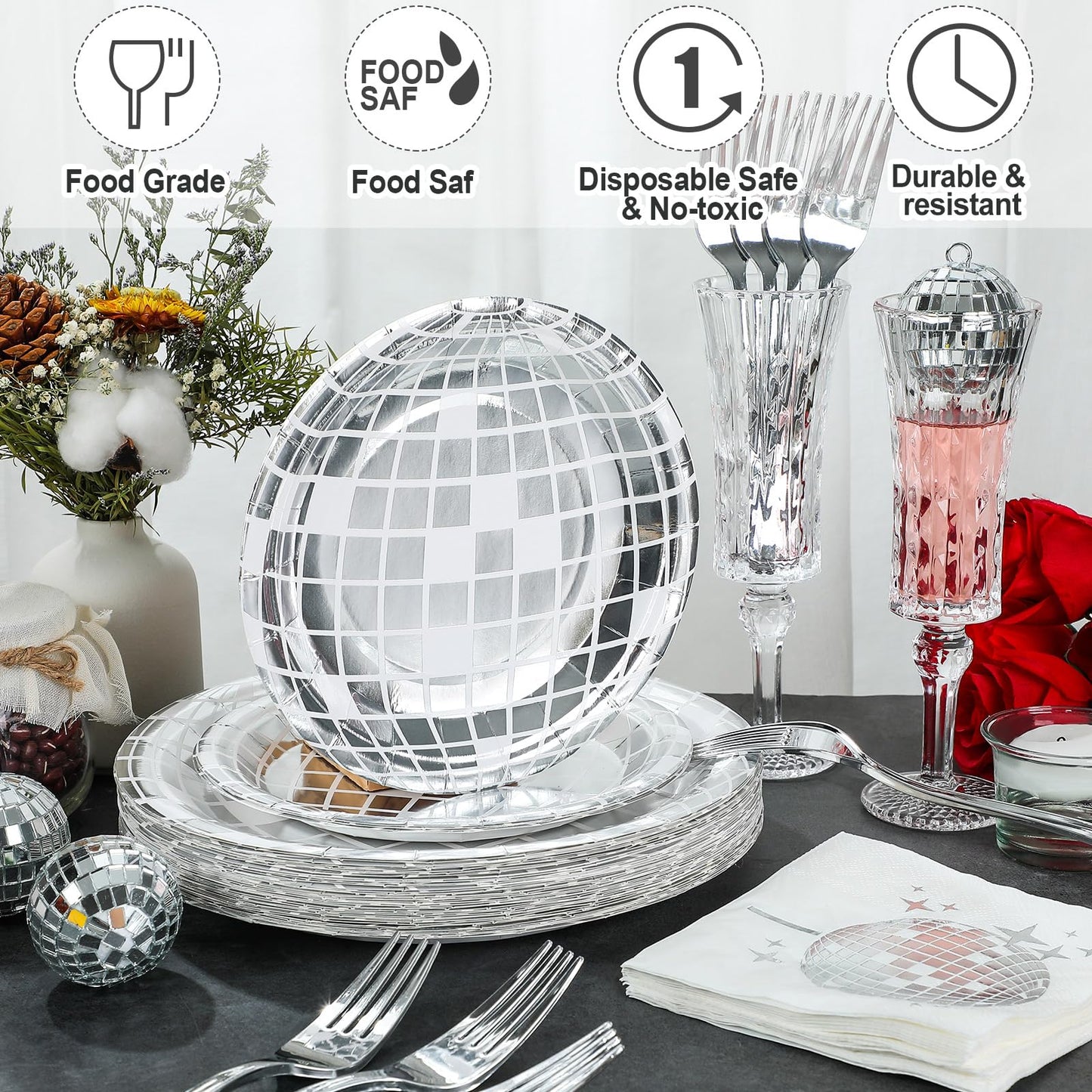 Tanlade 200 Pcs Disco Ball Party Supplies Disco Plates and Napkins Silver Tableware Set for 70s 80s 90s Birthday Rock Roll Dance Music Party 50 Guests