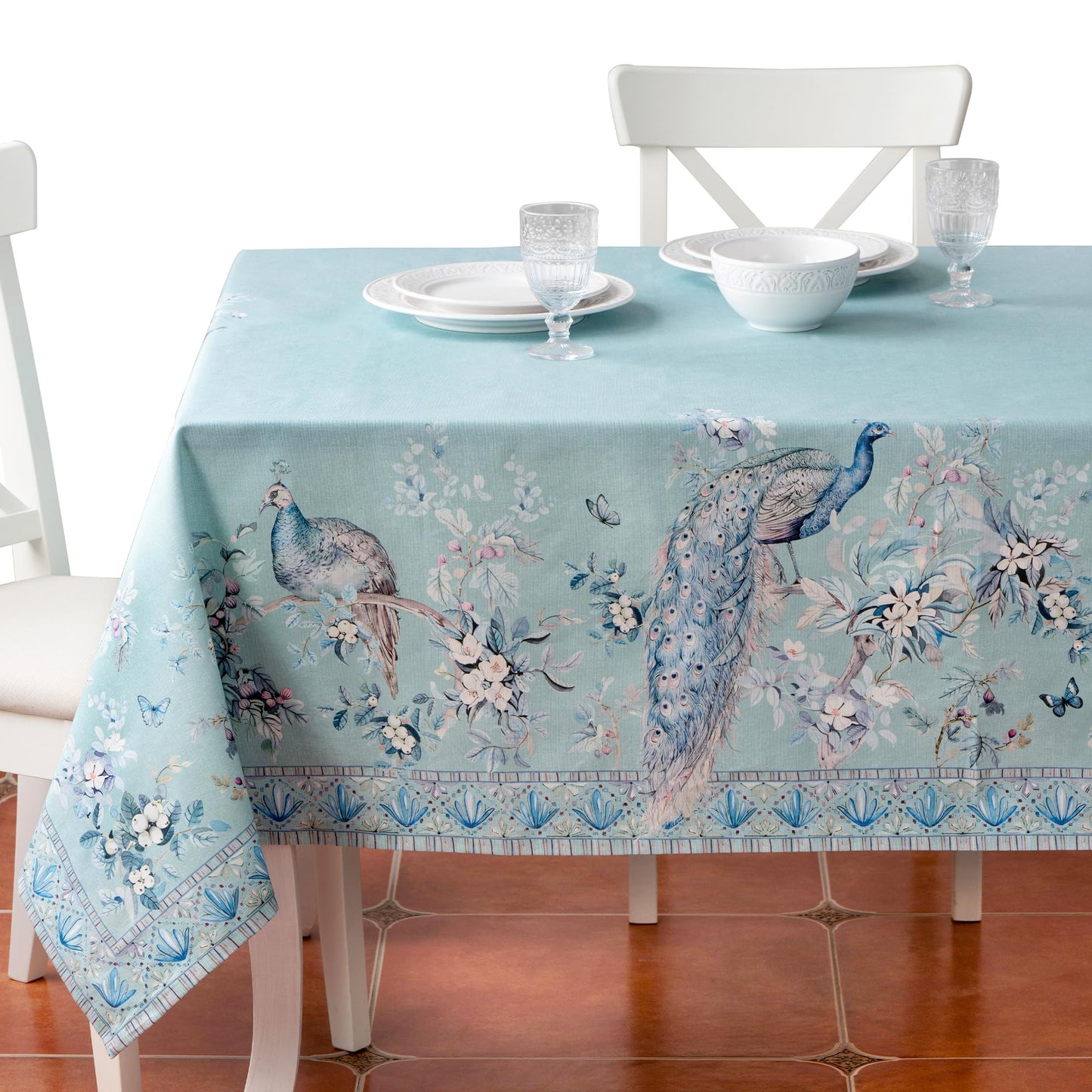Maison d' Hermine Premium Table Cloth Rectangle Table 100% Combed Cotton 120 x 70 Inches Tablecloth Reusable Decorative for Dining Room Home Party Festive Wedding - Peacock Utopia - Pastel Turquoise