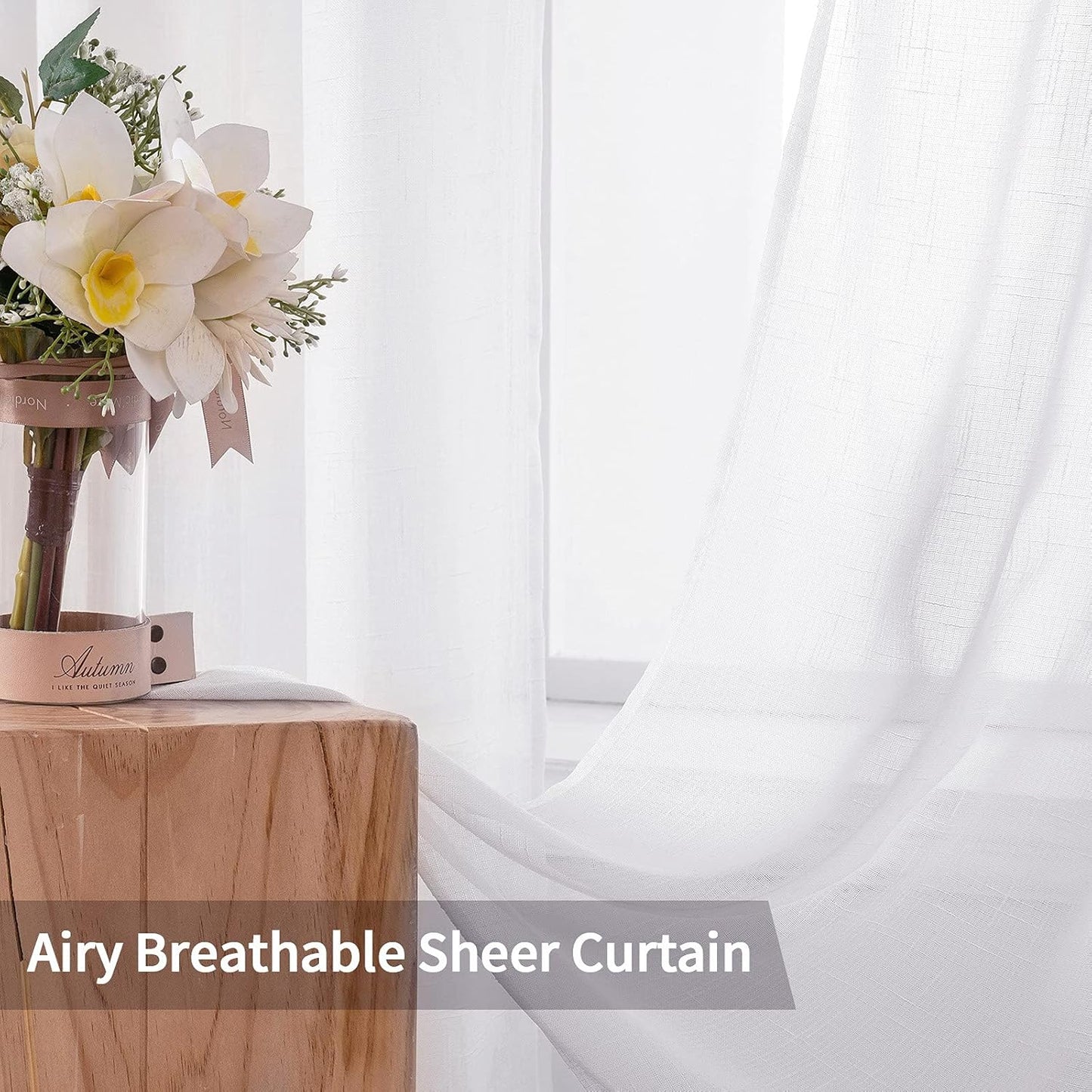 MIULEE Natural Linen Sheer Window Curtains - Elegant Solid White Grommet Drapes for Bedroom & Living Room | 52x90 Inch