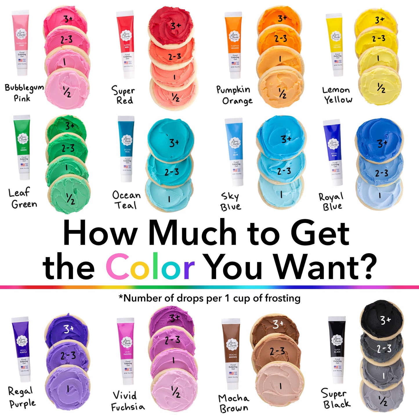 Ann Clark Professional Grade Food Coloring Gel Large 4.5 oz Bottles 12 Color Set Made in USA
