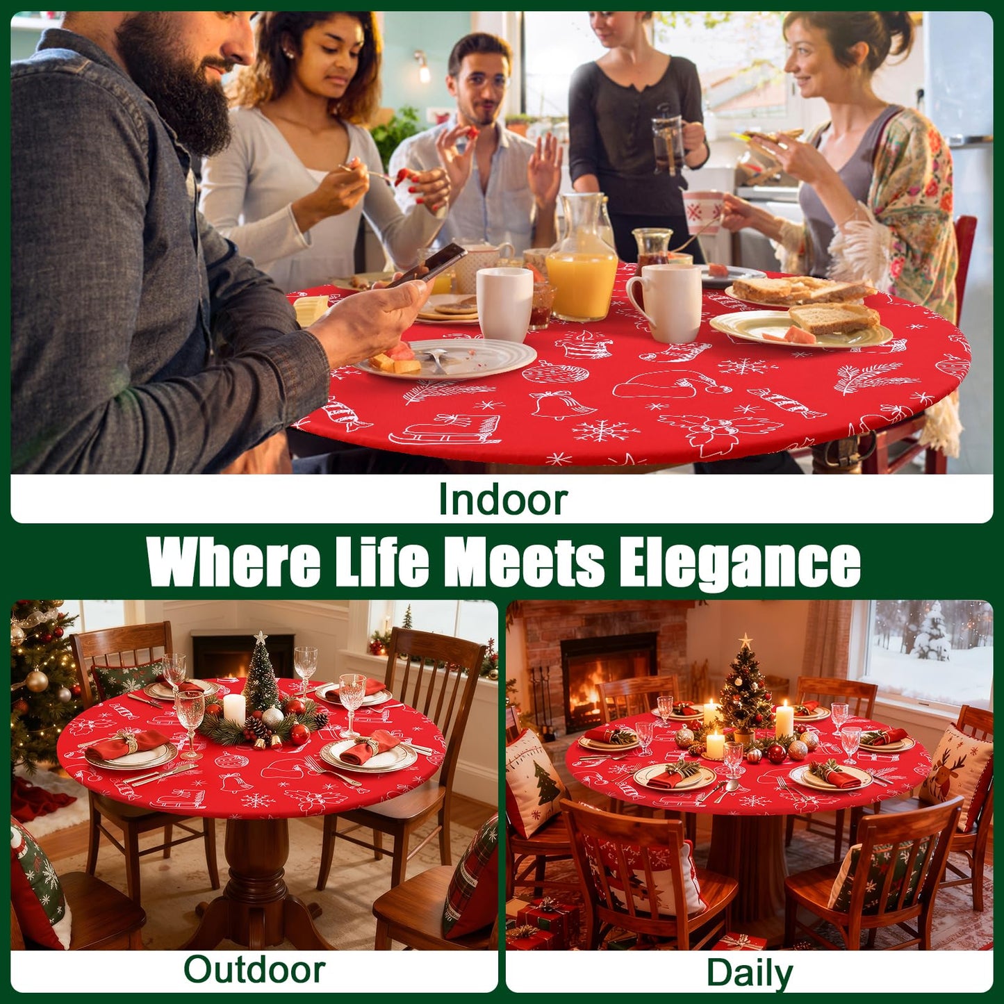 Smiry Round Spandex Tablecloth, Elastic Fitted Washable Tablecloths for 45"-56" Tables, Waterpoof Stretch Picnic Table Cover for Dining, Indoor and Outdoor, Holly Berry & Gift