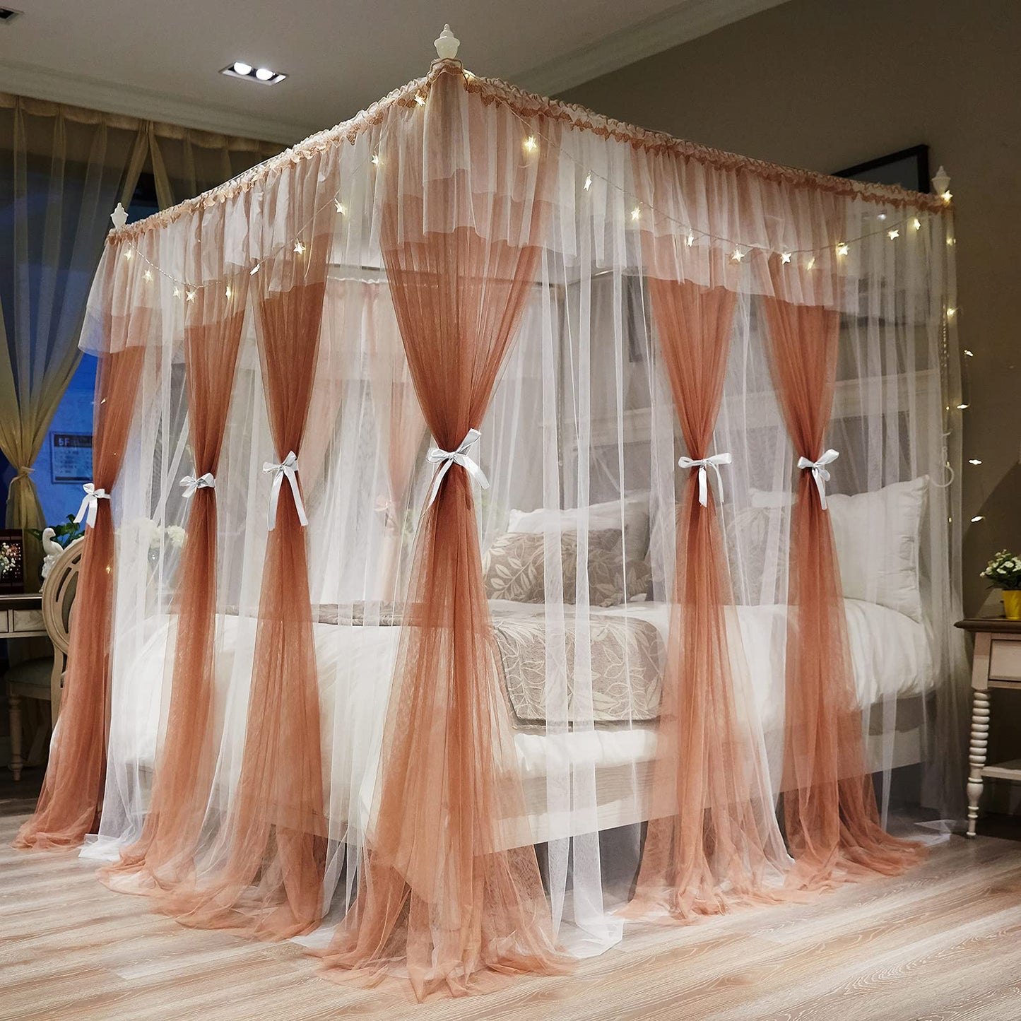 Joyreap Luxury 4 Corners Post Canopy Bed Curtains - Coral & White Cozy Drape Netting - Cute Princess Style Bedroom Decoration Accessories(Reddish Brown,86" W x 78" L, King)