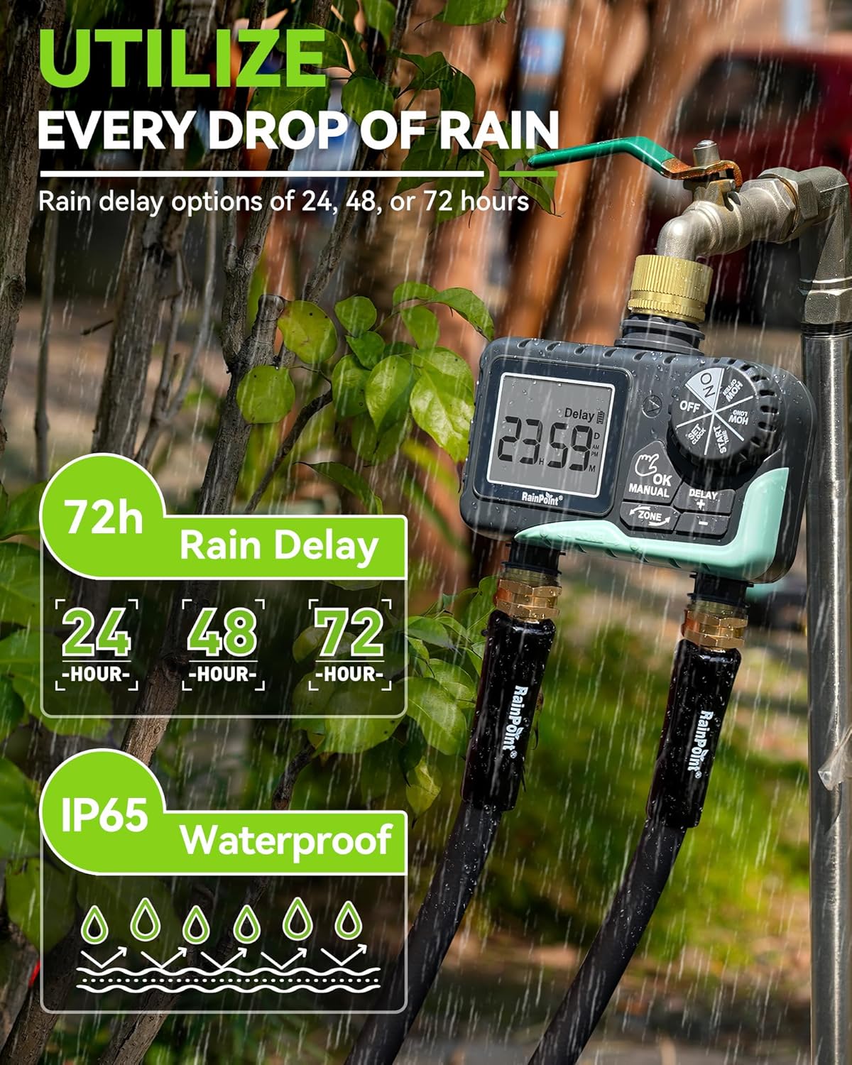 RAINPOINT 2-Zone Sprinkler Timer - Brass Inlet/Outlet for Automatic Irrigation System | Garden Hose Water Timer (Blue)