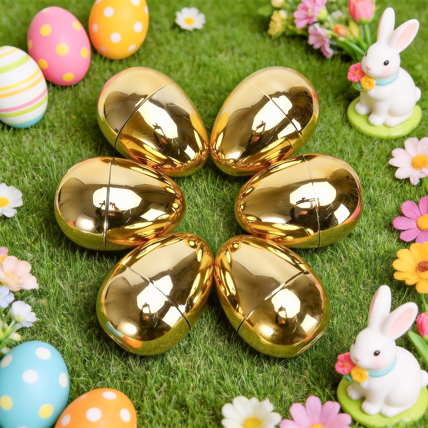 MGparty Jumbo Golden Easter Eggs 6 Inch 6 Pcs Fillable Large Plastic Empty Gold Easter Eggs Bulk for Easter Egg Hunt Basket Stuffers Party Favors and Decorations
