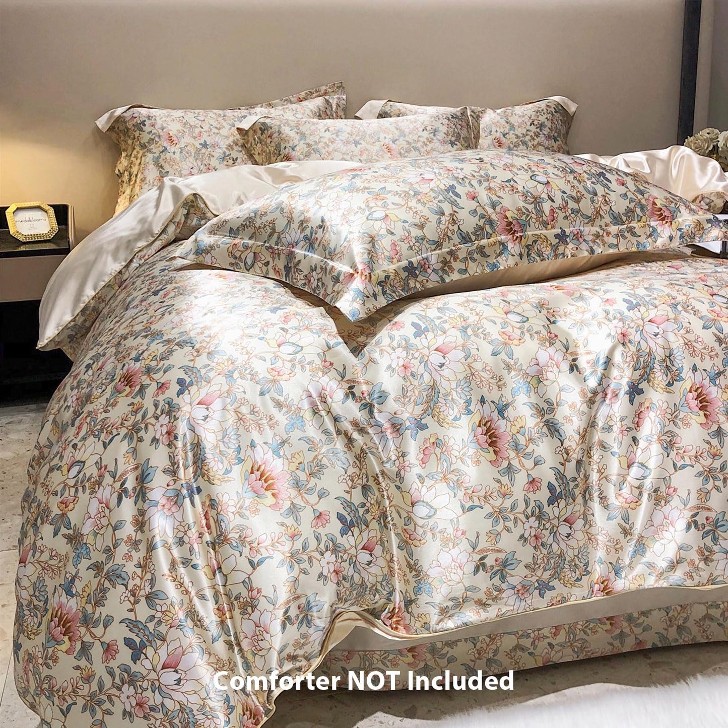 TodaFre Beige Satin Duvet Cover Queen Size, Cooling Breathable Bedding Set for Hot Sleepers - 1 Floral Patterned Duvet Cover 90x90 Inches with Zipper Closure, 2 Pillowcases