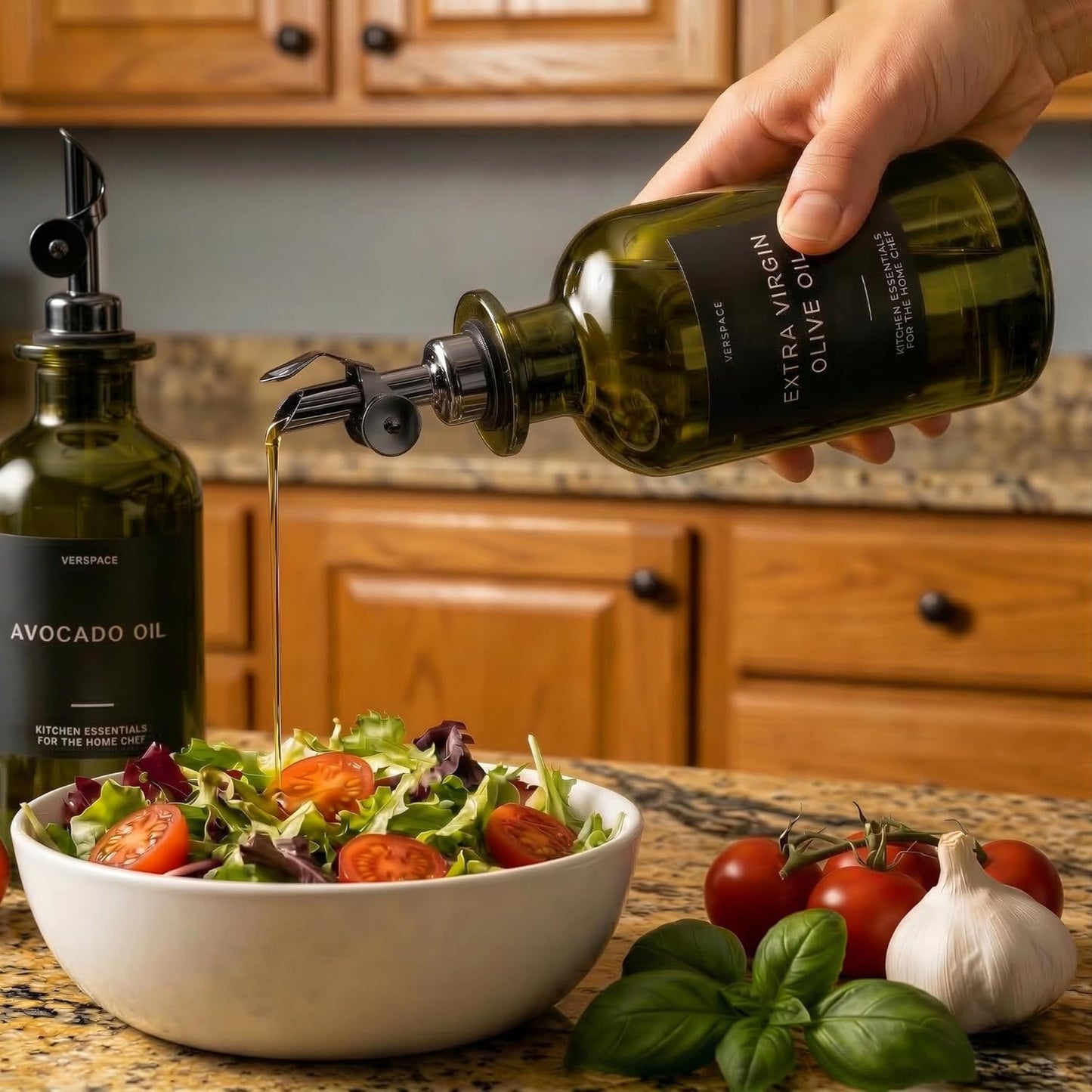Verspace Olive Oil Dispenser Bottles - UV-Protected Green Glass - 12oz, 2 Pack with 40 Labels for Modern Kitchen Decor