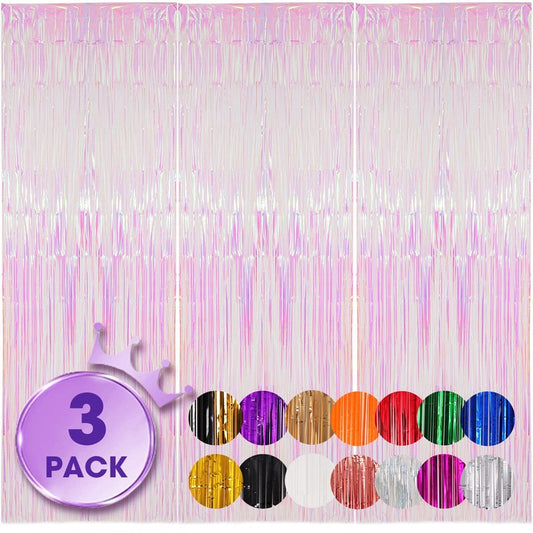 Voircoloria 3 Pack 3.3x8.2 Feet Iridescent Transparent Foil Fringe Backdrop Curtains, Tinsel Streamers Birthday Party Decorations, Fringe Backdrop for Graduation Baby Shower Gender Reveal Disco Party