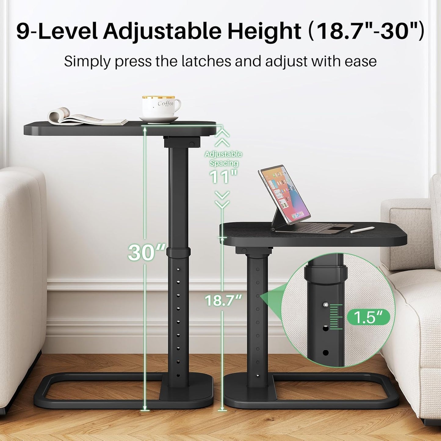 Kitstorack TV Tray Table - Adjustable Height Snack Table with Rounded Metal Corners | Black C-Shaped Design for Couch, Sofa, or Bed
