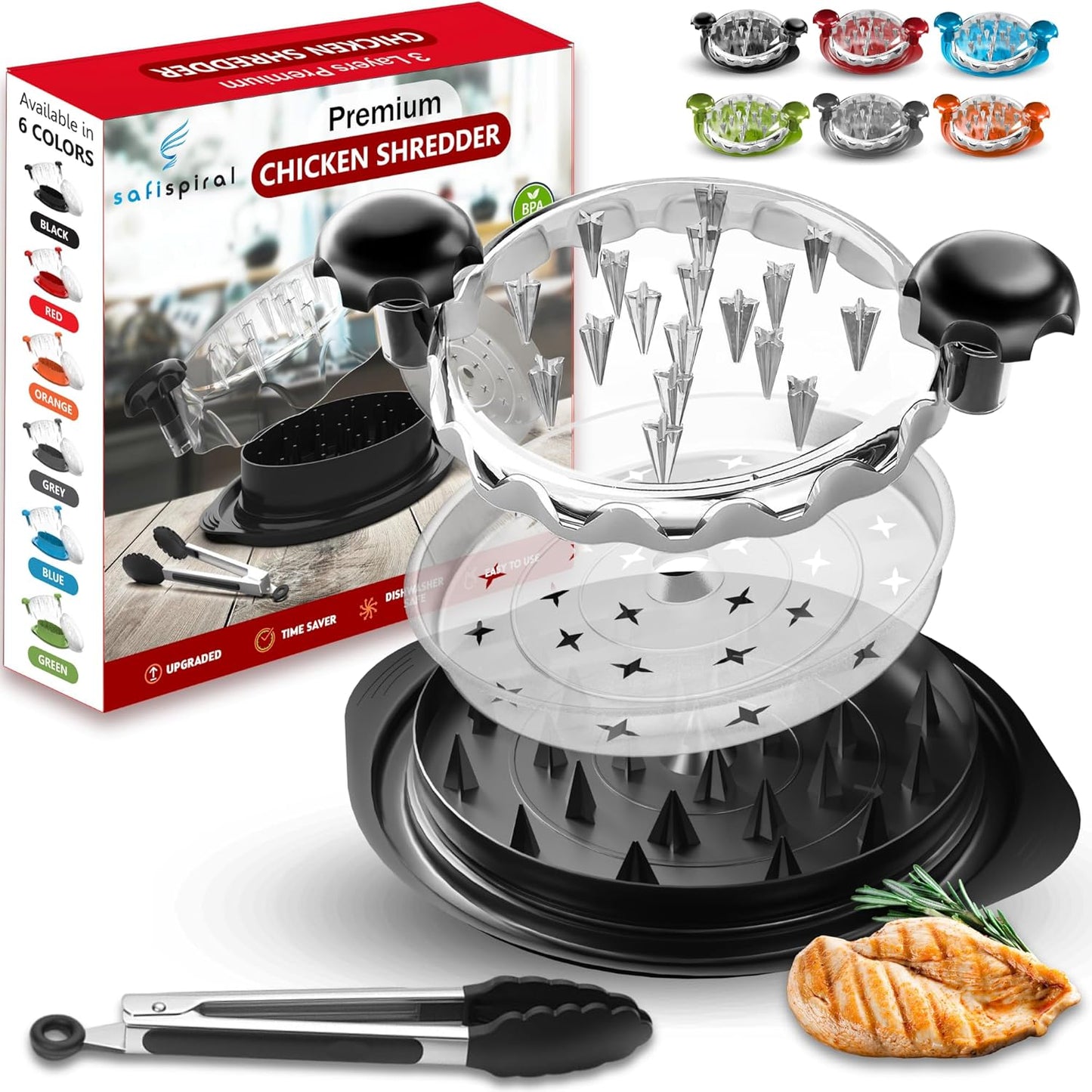 Skiennix Chicken Shredder Tool - Large 3-Layer Non-Slip Meat Shredder with Removable Tray | Dishwasher Safe & Heat Resistant (Black)