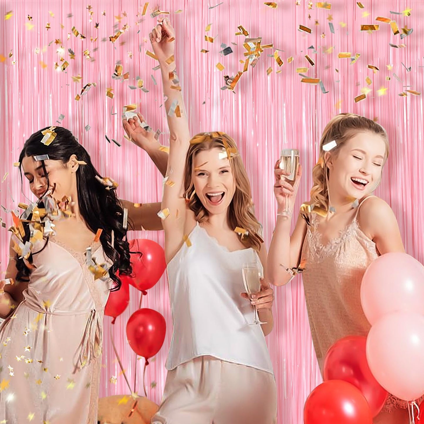 Pastel Pink Metallic Tinsel Foil Fringe Curtains, 2 Pack 3.3x8.3 Feet Tinsel Backdrop for Birthday Wedding Easter Christmas, Pink Fringe Backdrop Foil Curtain for Valentines Day Decorations