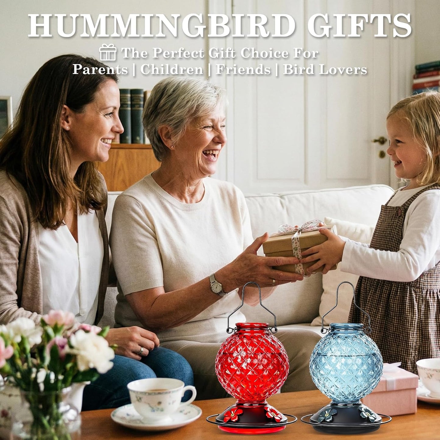 Skiennix Glass Hummingbird Feeder - 25 Oz Outdoor Nectar Feeder with 4 Bee Guards & Ant Moat | Blue