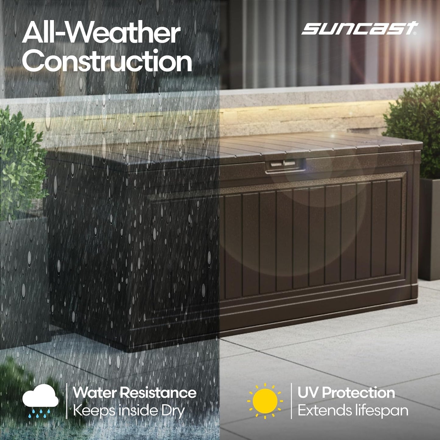 Suncast 80-Gal. Resin Outdoor Patio Deck Box - Modern Storage Solution for Cushions & Garden Tools, Java