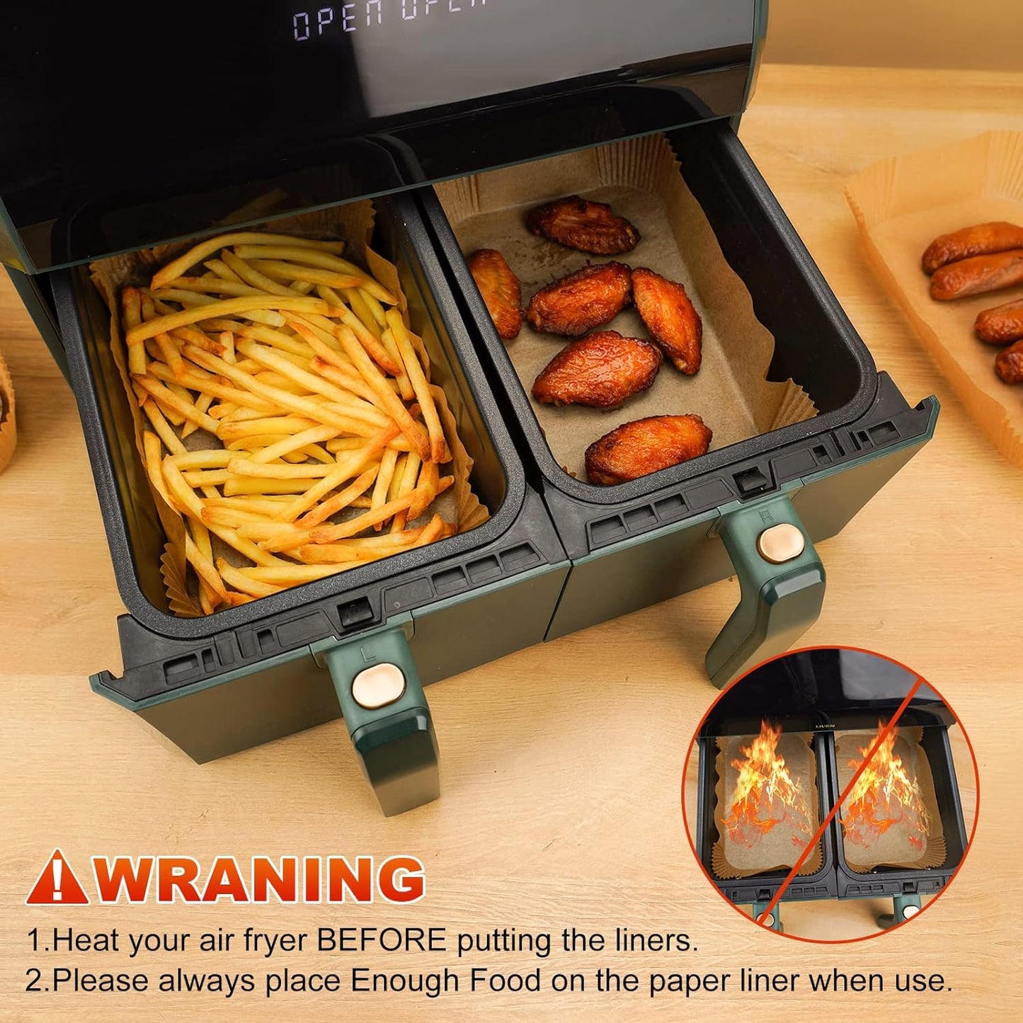 VITAPREP 100 Pcs Air Fryer Parchment Paper Liners, 8.6x5.5 Inch Pre-Cut Disposable Sheets for Dual Basket Models DZ201/DZ401/DZ071 - Non-Stick, Unbleached, Safe for Frying, Baking, Roasting