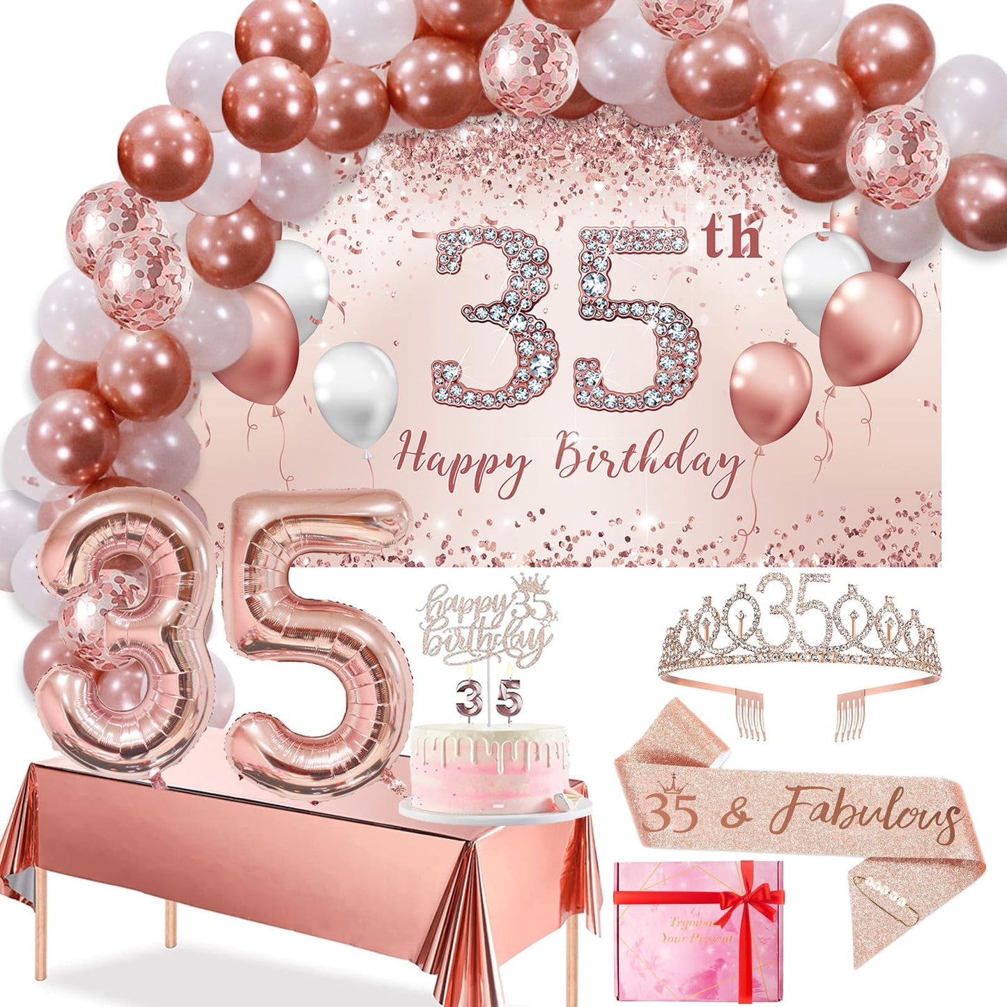 Trgowaul 24th Birthday Decorations Party Set for Women, Rose Gold 24th Banner and Tablecloth, 24 & Fabulous Sash and Tiara, Cake Topper, Pink Gold 24 Number Balloons