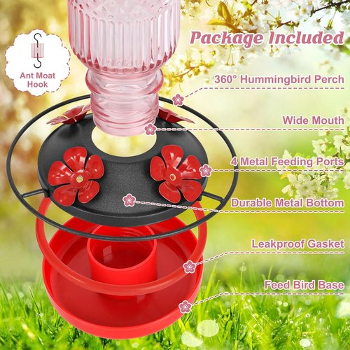 Feed Garden Glass Hummingbird Feeder - 16oz Capacity, Ant Moat & Bee-Proof Ports, Easy to Clean, Pink