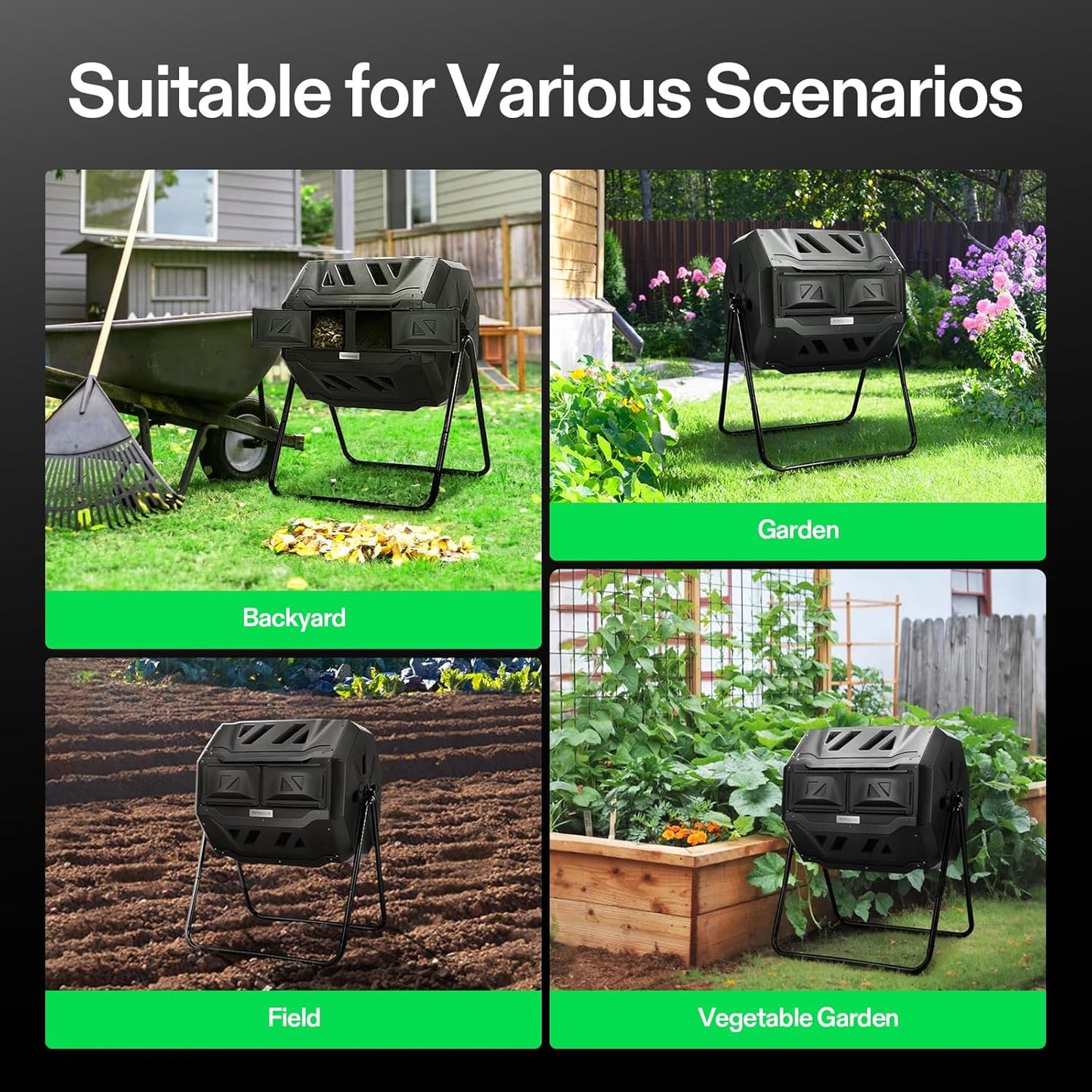 VIVOSUN Outdoor Compost Bin - Dual Rotating 43 Gallon Tumbling Composter with Black Door