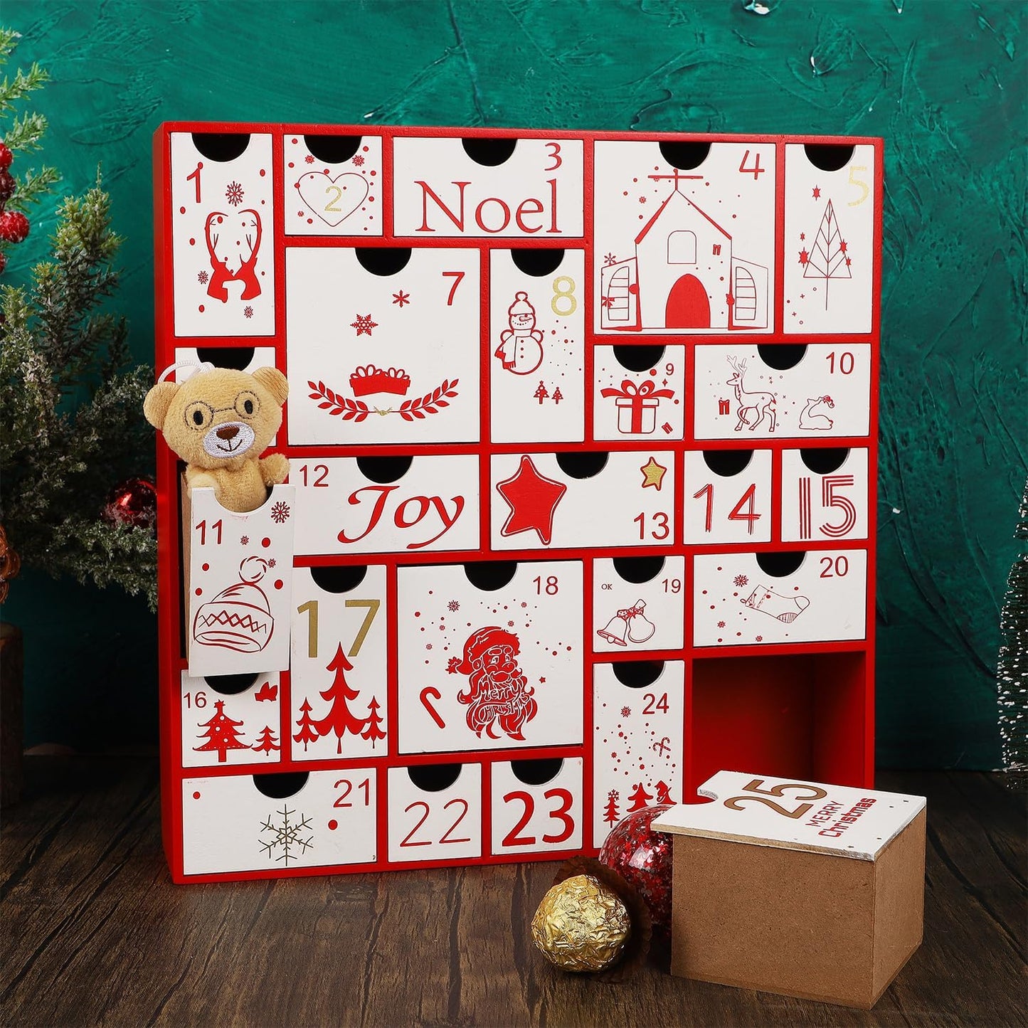 Juegoal Red Advent Calendar - 11.8 Inch Wooden Countdown Calendar with 25 Large Drawers | Hand-Painted Holiday Decor